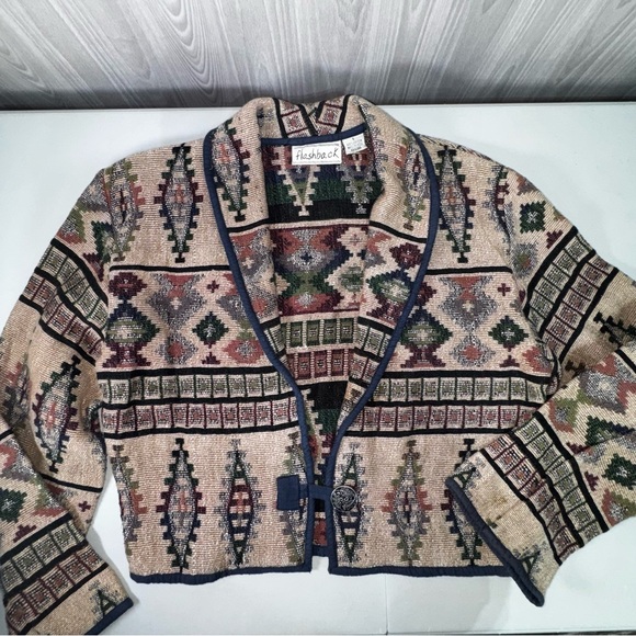 Vintage Tapestry Cropped Blazer Jacket Southwestern Aztec Boho Flashback Sz S - Picture 1 of 8